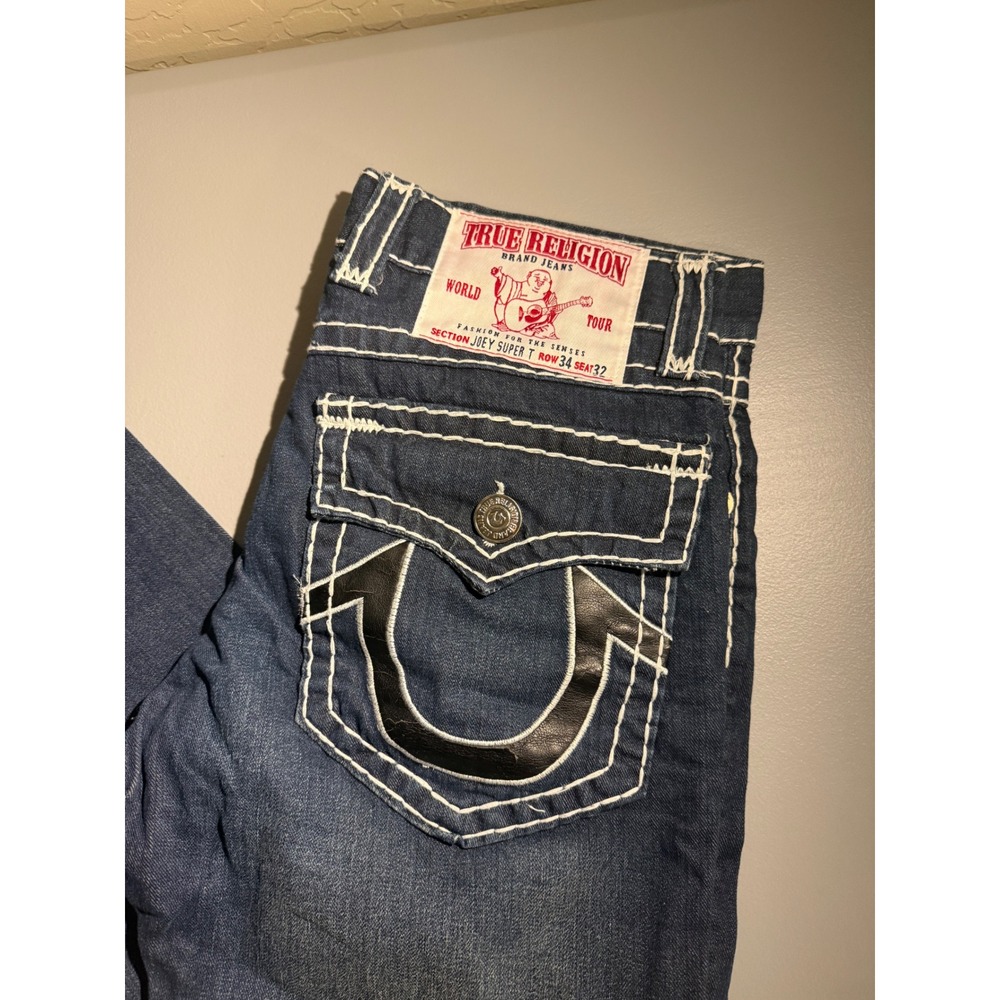 True Religion Joey Super T Mens 34 Dark Wash Flap Pocket Bootcut Jeans USA Made